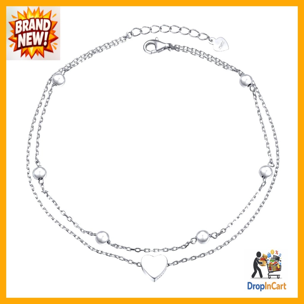 Sterling Silver Anklet Adjustable Heart Charm Beaded Bracelet Elegant Minimal